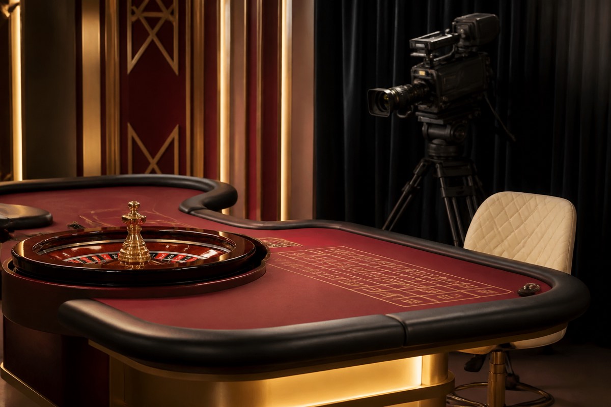 Een roulettetafel met een studiocamera op de achtergrond