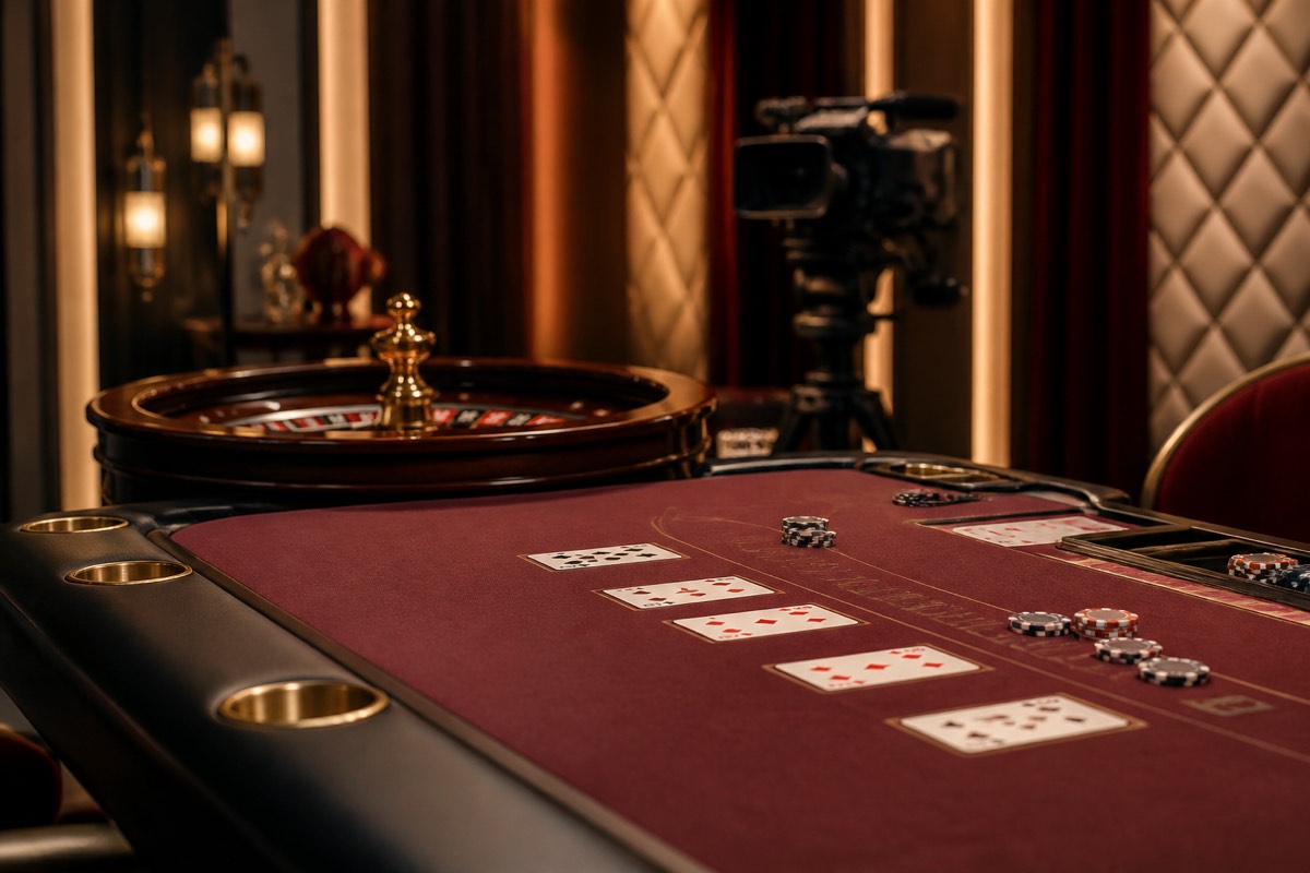 Een lege live-casinotafel met studiocamera